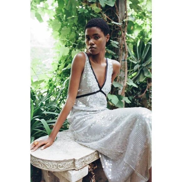 Zara Womens Dress Small S Maxi Sequined Mesh Sleeveless silver 9001/173 NWT - Picture 2 of 16